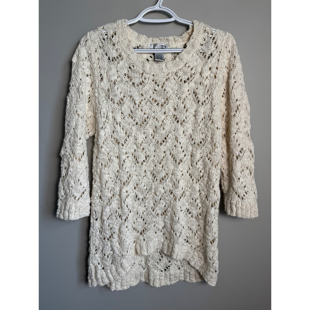 WD-NY Open Knit Pointelle Crochet Sweater Womens Large Cream Boho Coastal